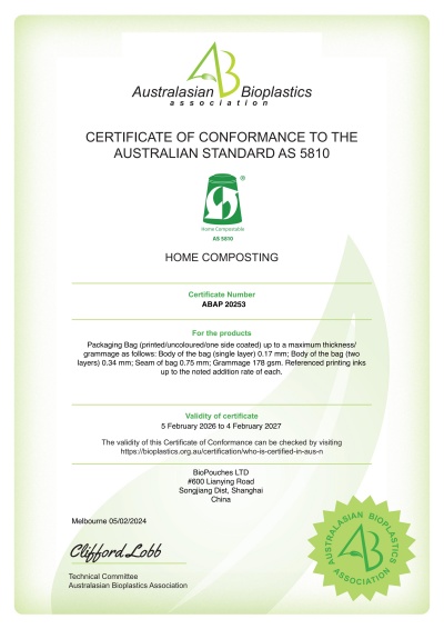 AS 5810 Home Compost Certification Certificate No.:  <b>ABAP 20253</b>