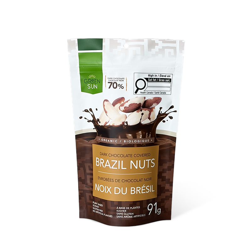 Bolsas con cierre de cremallera y base impresas a medida para el envasado de frutos secos y chocolate.