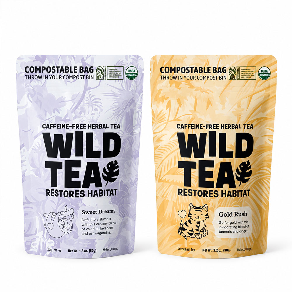 100% Compostable Stand Up Doypack Pouches for Tea